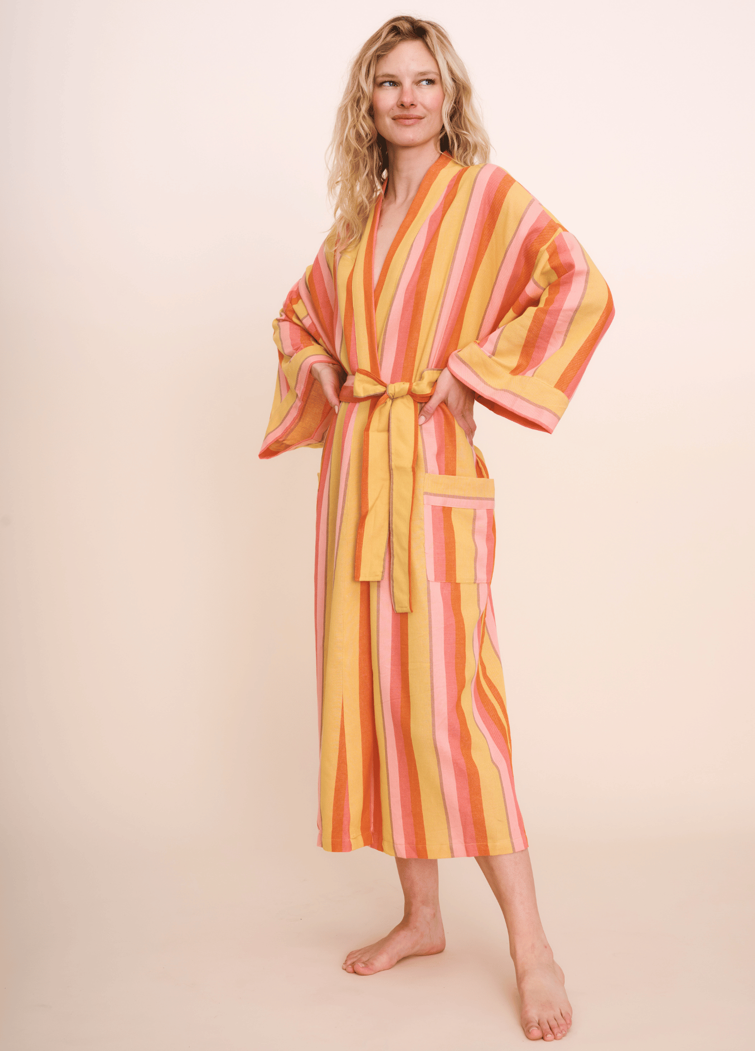 knee length dresses for ladies Pink Striped Fleece Dressing Gown